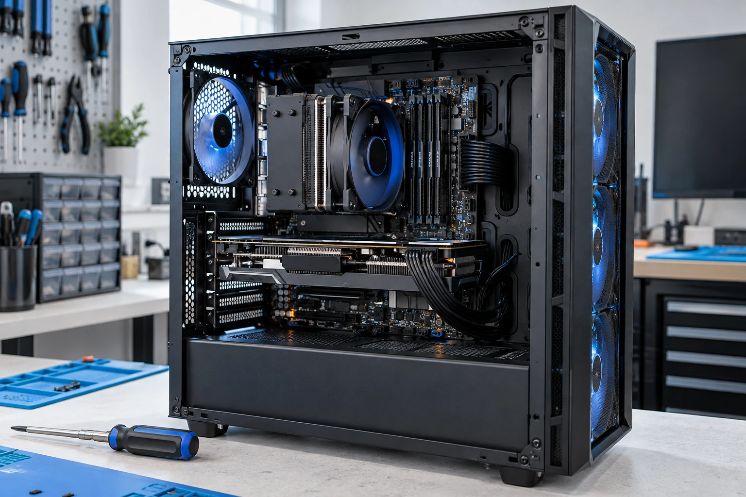 Open desktop PC case showing the internal components