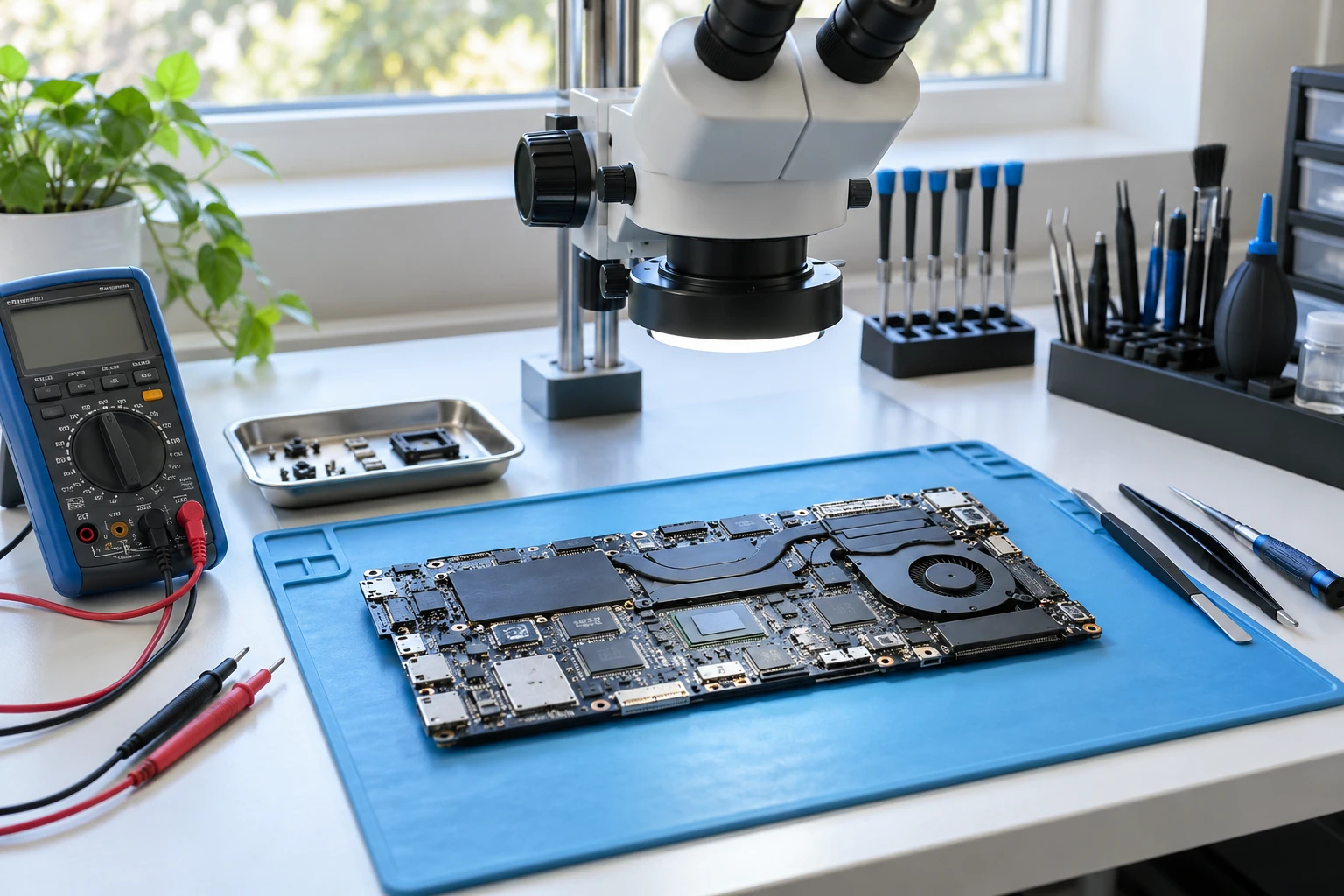 Diagnosing a computer board at a professional workbench