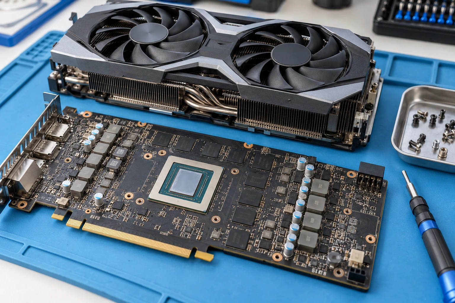Graphics card with the cooling assembly removed